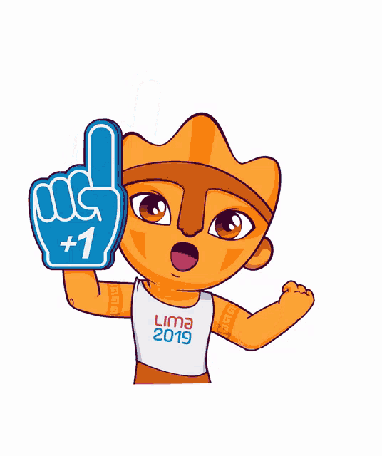 a cartoon character is wearing a lima 2019 shirt and holding a blue foam finger
