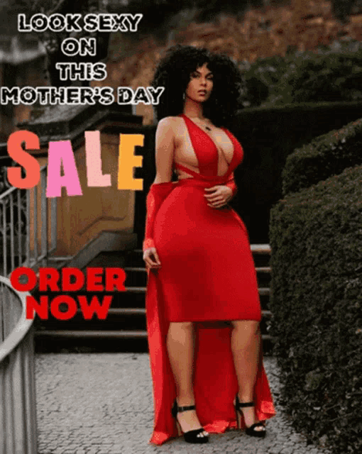 a woman in a red dress is advertised for mother 's day