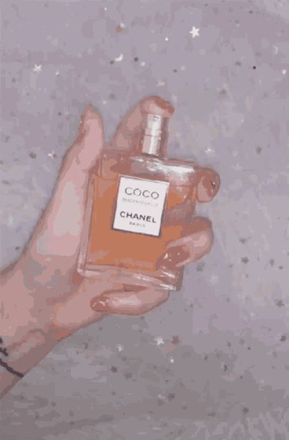 a person holding a bottle of coco chanel perfume