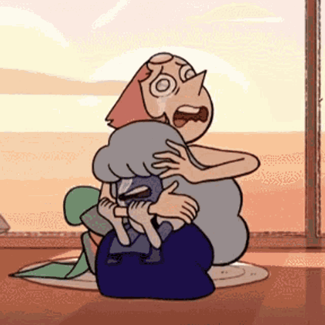 a cartoon character is hugging another cartoon character while sitting on the floor .