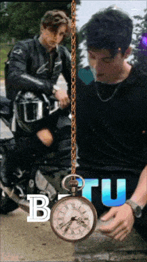 a man sitting on a motorcycle next to a pocket watch with the letter b on it