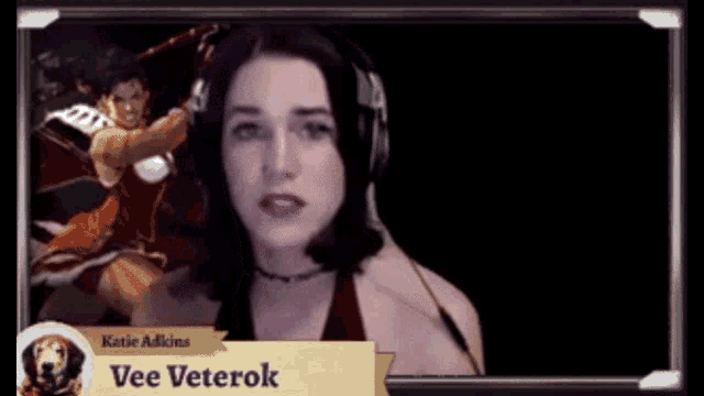 a woman wearing headphones with the name vee veterok on the bottom
