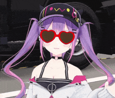 a girl with purple hair wearing sunglasses and a hat