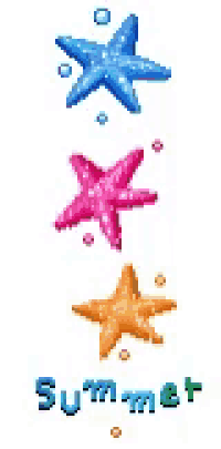 three starfish are lined up in a row on a white background and the word summer is written below them .
