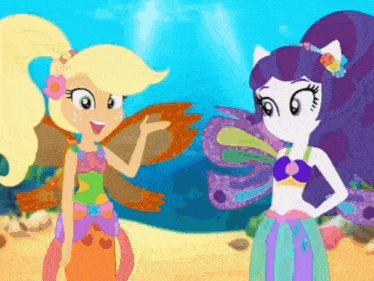 a couple of cartoon girls standing next to each other on a beach .