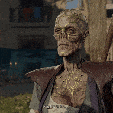 a video game character says bone daddy no while holding a stick