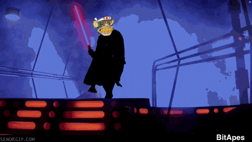 a cartoon of a monkey holding a red light saber with the words bitapes below it