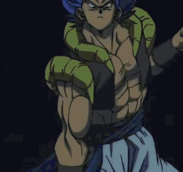 a cartoon character with blue hair is standing in a dark room with a blue background .
