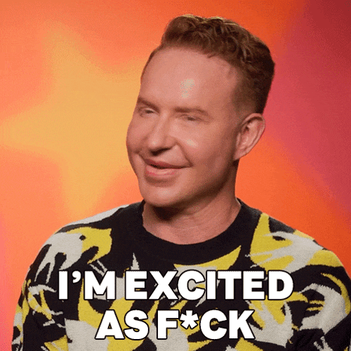 a man wearing a yellow and black sweater says " i 'm excited as f * ck "