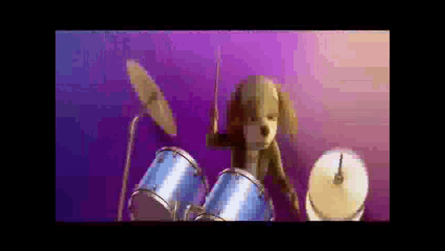 a dog is playing drums on a stage in a cartoon .