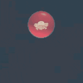 a pixel art drawing of a red ball with a white object inside