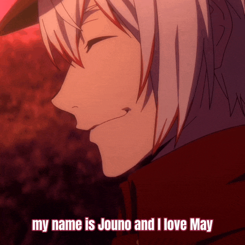 a close up of a person 's face with the words " my name is jouno and i love may "