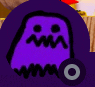 a purple ghost with a black face is sitting on a purple object .