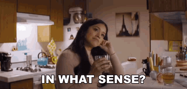 a woman is sitting at a kitchen counter holding a glass of water and asking in what sense .