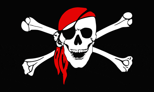 a pirate skull and crossbones with a red bandana around his eye