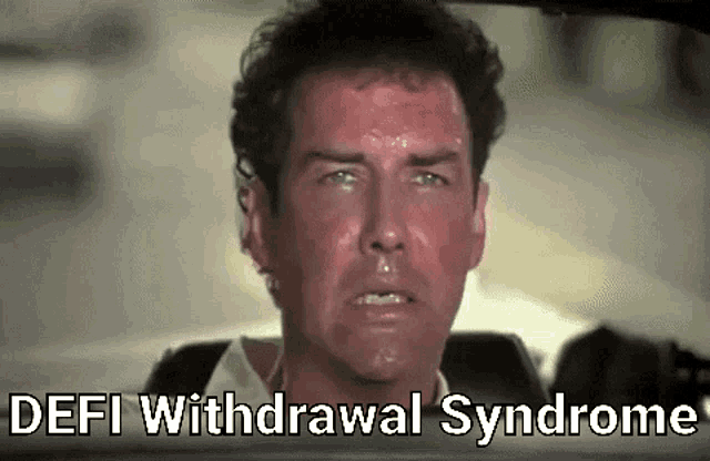 a man is sweating in a car with the words " defi withdrawal syndrome " written below him