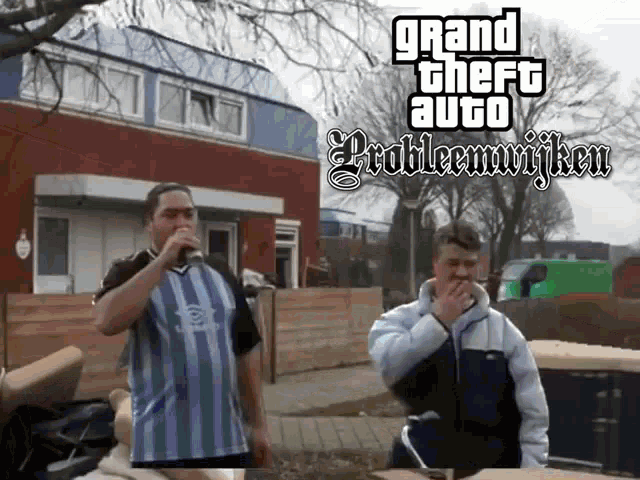 a poster for grand theft auto shows two men drinking and smoking