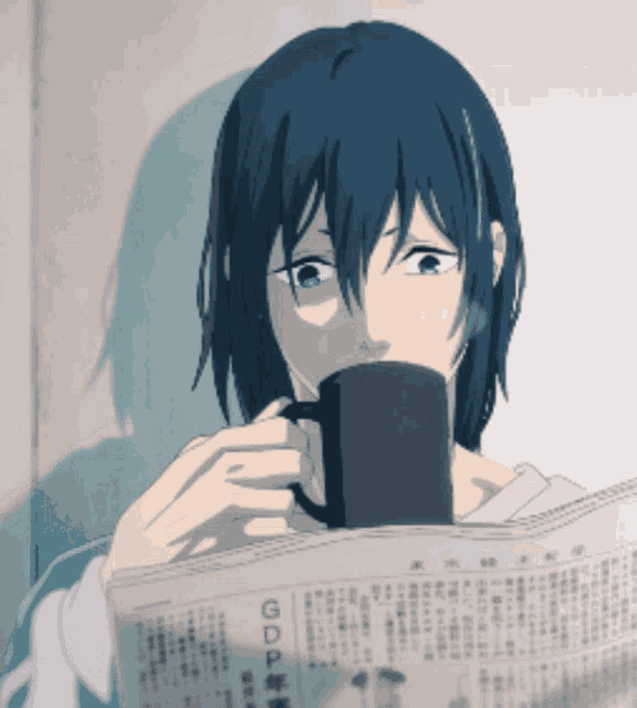 a woman drinking from a mug while reading a newspaper with gdp written on it