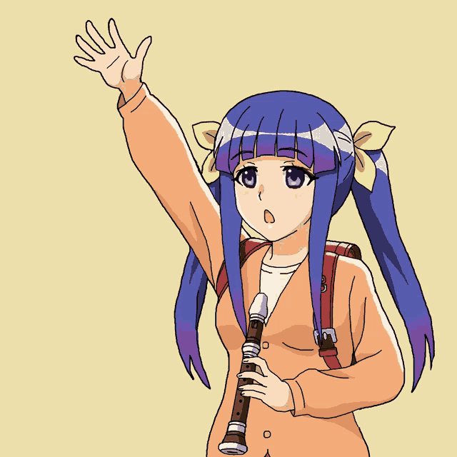 a drawing of a girl holding a recorder and waving her hand