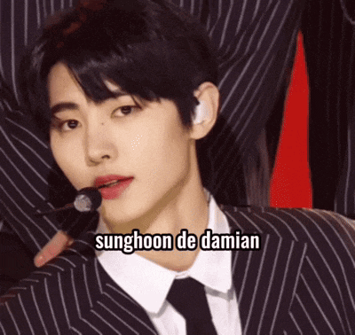 a young man in a suit and tie has sunghoon de damian written on the bottom