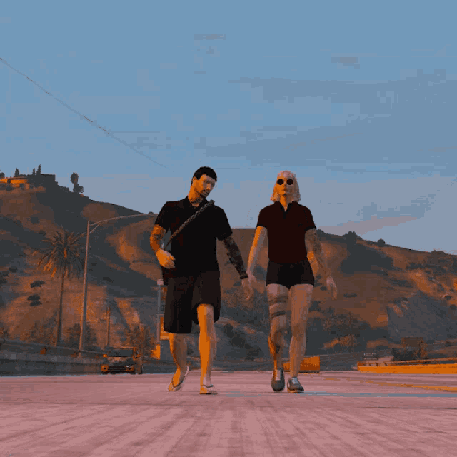 a man and a woman are walking down a street in a video game