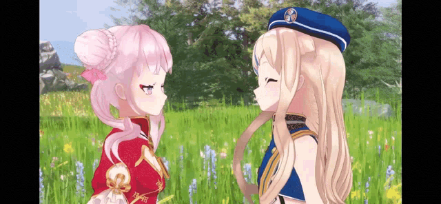 two anime girls are standing next to each other in a grassy field