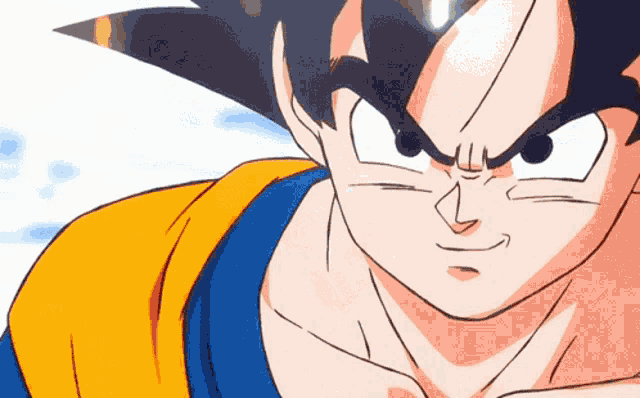 a close up of a cartoon character with a blue and orange shirt