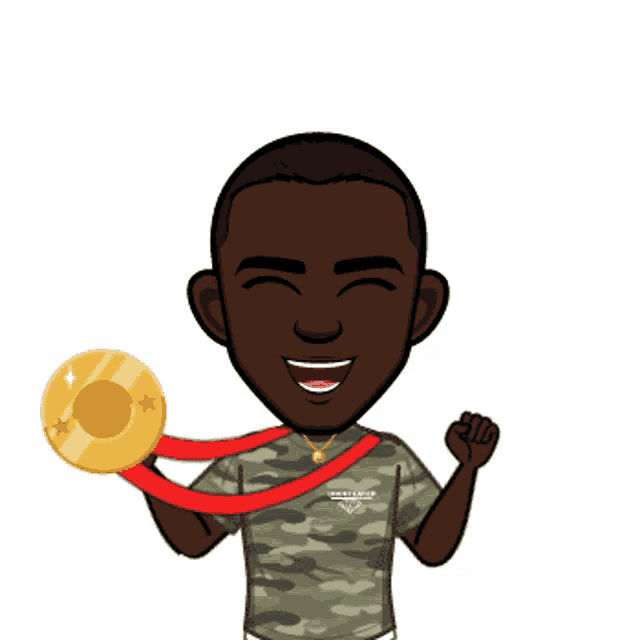 a cartoon of a man wearing a camo shirt holding a medal