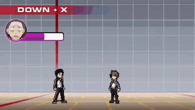 a video game screen shows two characters standing next to each other and the words down + x