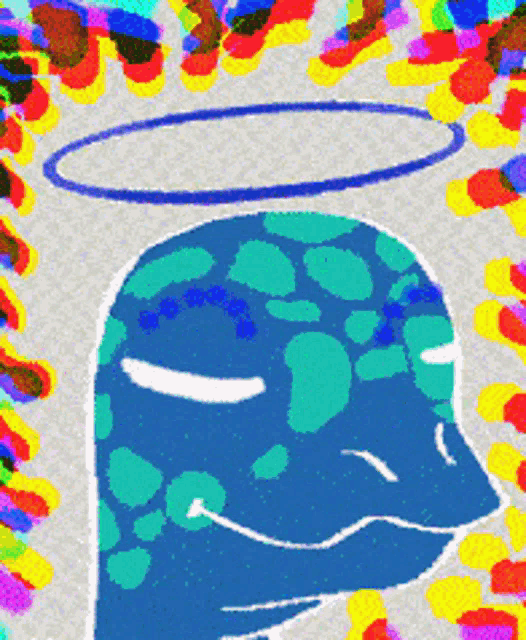 a colorful drawing of a person 's head with a halo above it