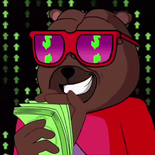 a cartoon bear wearing sunglasses and holding a pile of money