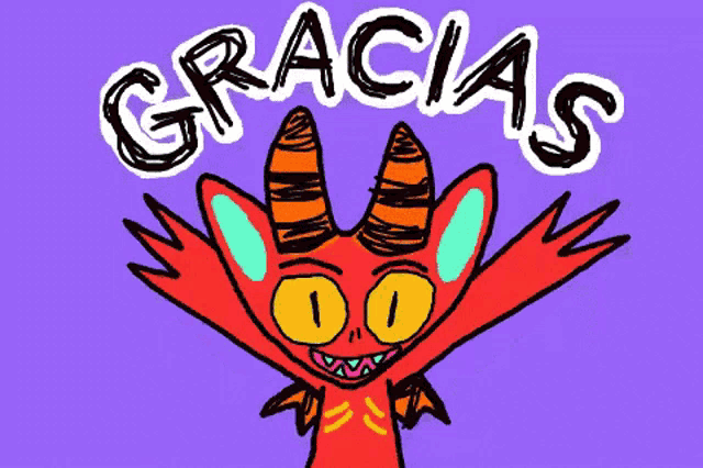 a cartoon of a red monster with horns and the words gracias