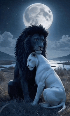 a black lion and a white lion are sitting next to each other in front of a full moon
