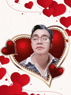 a man wearing glasses is surrounded by red hearts on a white background