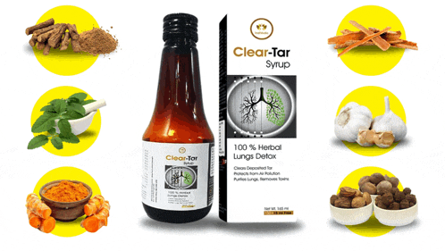 a bottle of clear-tar syrup surrounded by various ingredients