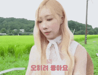 a woman with long blonde hair is sitting in a field with a sign that says ' oii ' on it