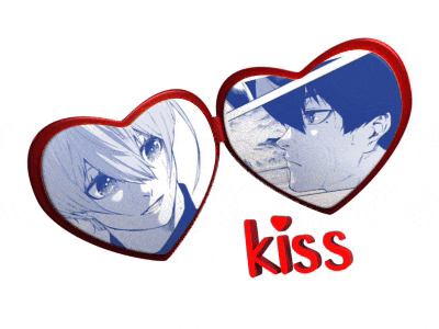 a picture of two hearts with the word kiss on the bottom