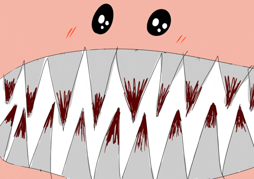 a drawing of a shark 's teeth with blood coming out of it