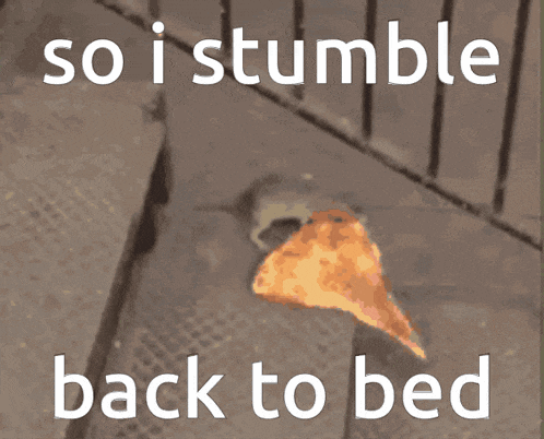 a picture of a slice of pizza with the words so i stumble back to bed