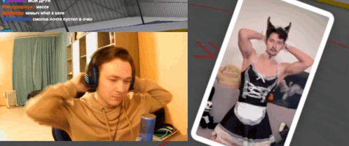 a man wearing headphones sits in front of a microphone next to a picture of a man in a maid outfit