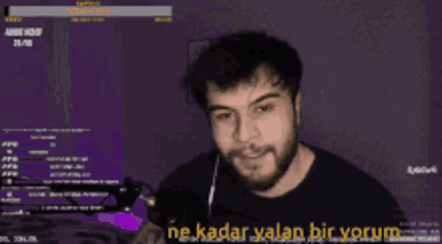 a man with a beard is smiling in front of a screen with the words ne kadar yalan bir yorum