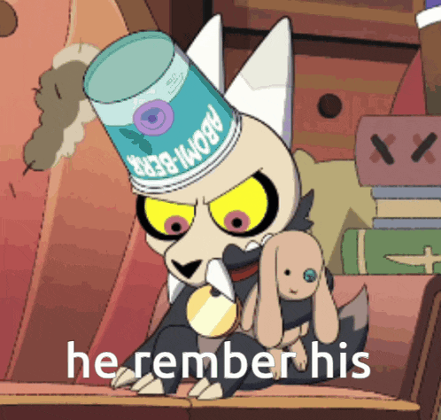king from the owl house is wearing a can of soup on his head and holding a stuffed animal