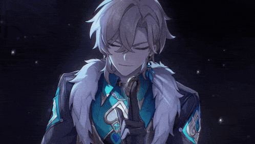 a man with white hair and a blue coat is holding a sword with his eyes closed