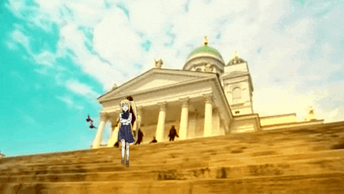 a girl stands on a set of stairs in front of a building