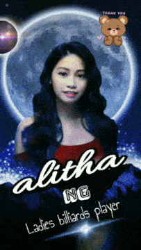a poster for alitha ng ladies billiards player has a teddy bear on it