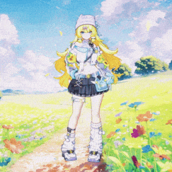 a girl with blonde hair is walking down a path in a field