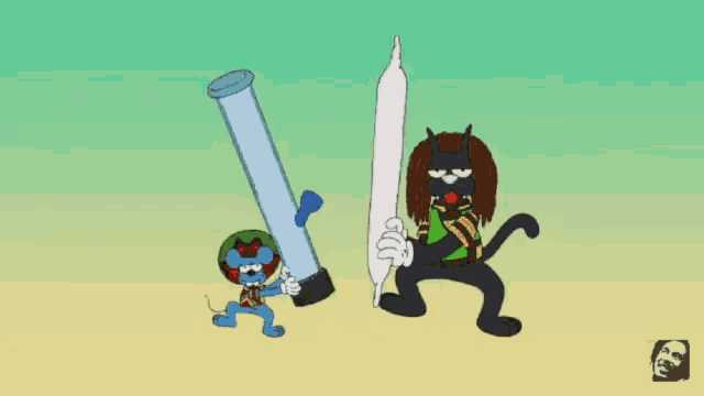 a cartoon drawing of a cat and a mouse smoking a bong
