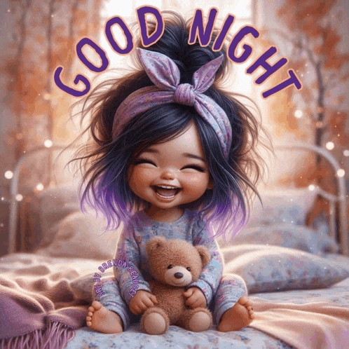 a little girl with purple hair is sitting on a bed with a teddy bear and the words good night written above her