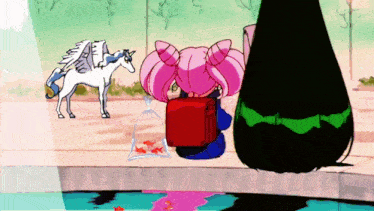 a cartoon of a girl holding a bag of goldfish and a unicorn