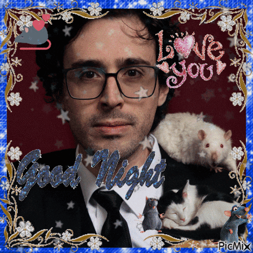 a picture of a man surrounded by mice with the words " good night " written on the bottom